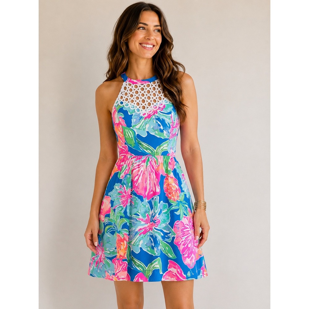 Lilly Pulitzer Dalian Floral Halter Dress Pink Blue Eyelet Trim 28919 Size 2